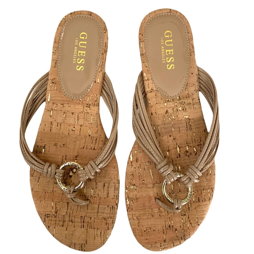 Guess Cork Slide Thong Sandals 9M Gold Ring Gold Accent Gold Tan Neutral